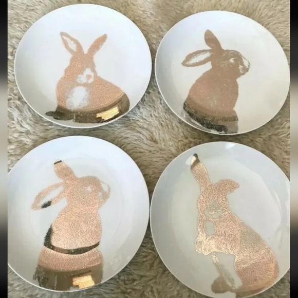 4 New PIER 1 Metallic Gold Easter Bunny Rabbit Salad Appetizer Dessert Plates - Picture 1 of 7